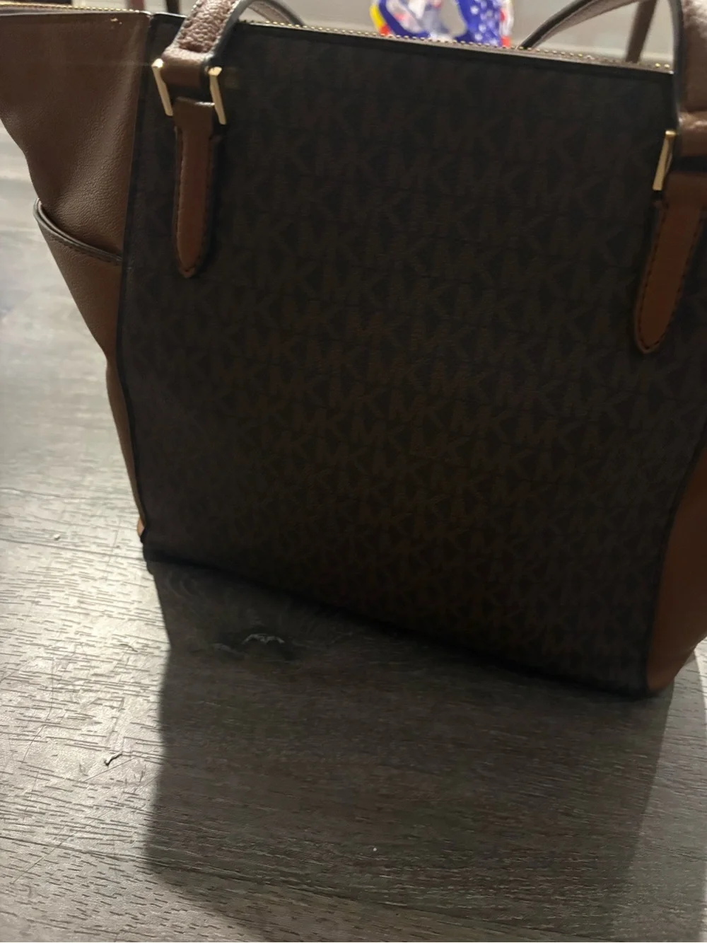 Michael Kors Brown and Tan Logo-Print Tote with Gold MK Charm